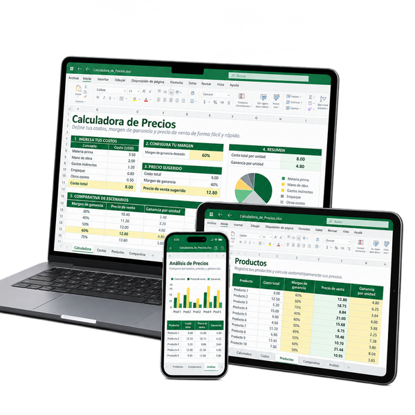Calculadora de Precios abierta en Excel en laptop, tablet y smartphone
